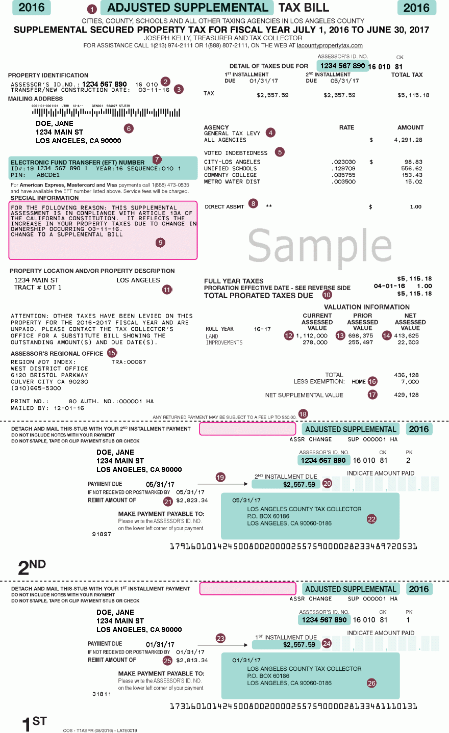 Adjusted Supplemental Property Tax Bill Los Angeles County Property 