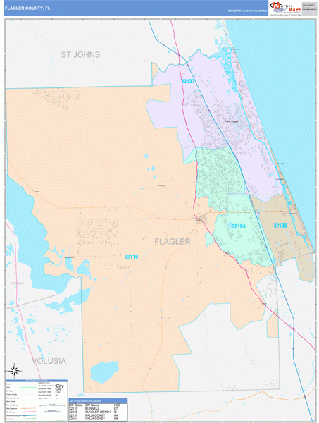 Flagler County FL Wall Map Color Cast Style By MarketMAPS MapSales