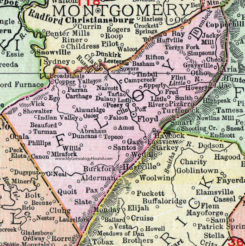 Floyd County Virginia Map 1911 Rand McNally Topeco Falcon Narcott