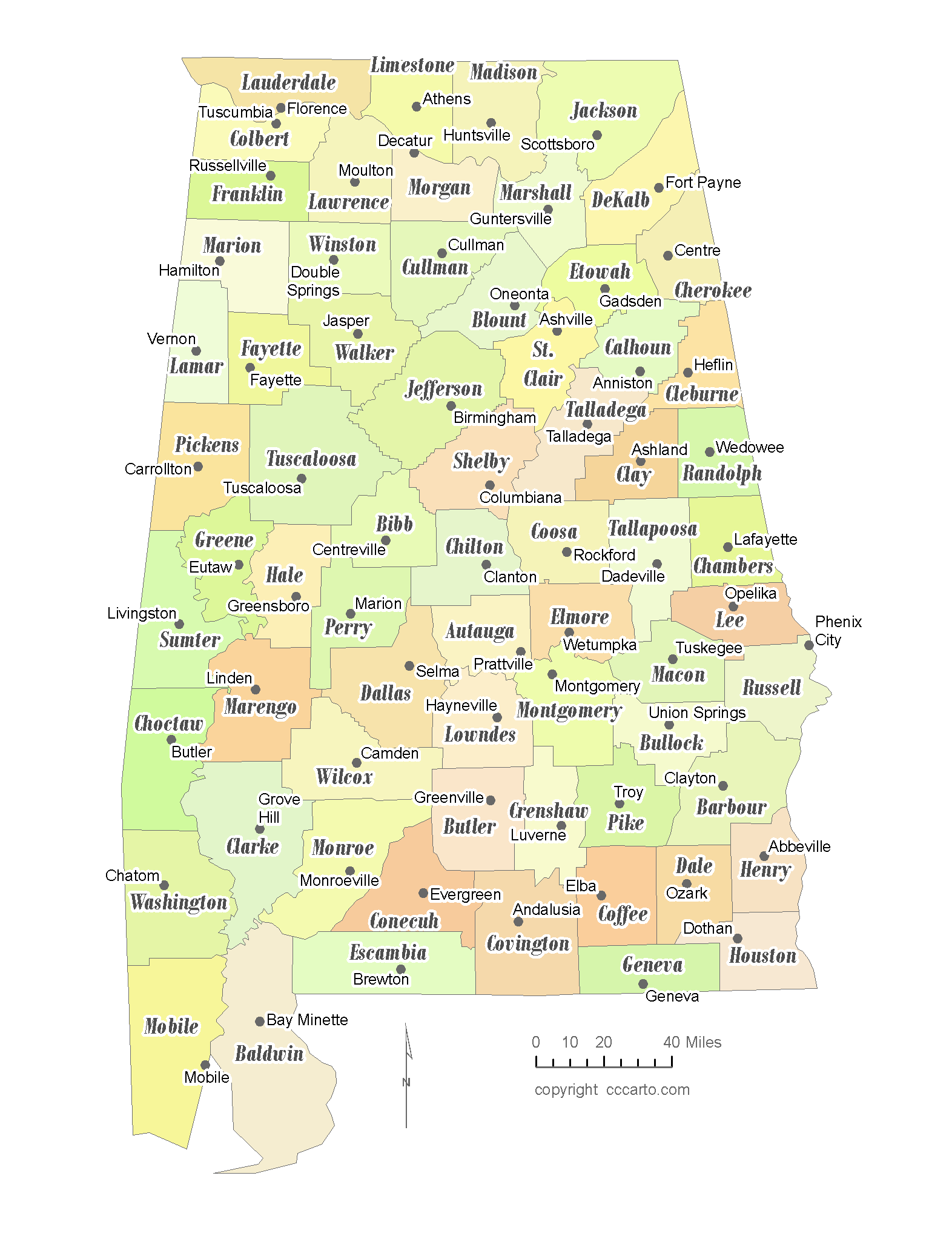 State Of Alabama County Map And The County Seats CCCarto