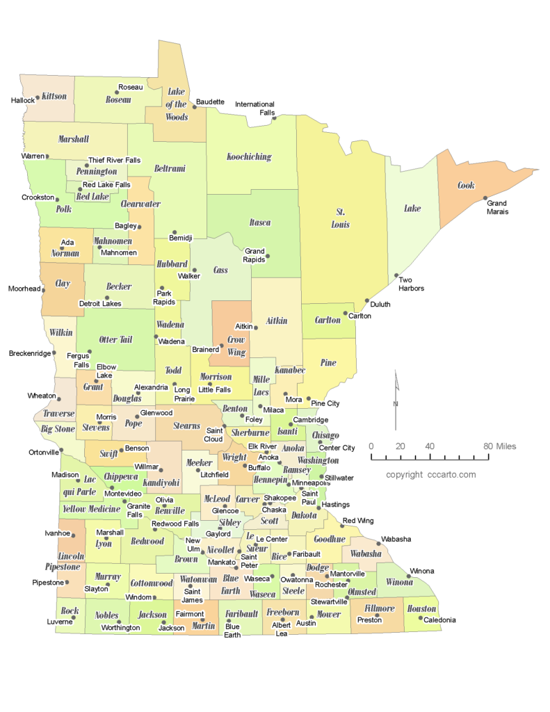 State Of Minnesota County Map With The County Seats CCCarto